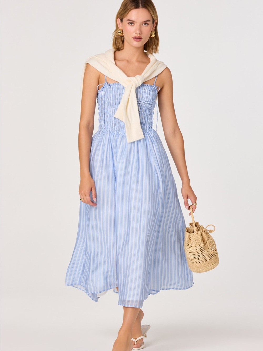 Lahela Smocked Midi Dress Light Blue Striped Smocked Midi Dress Small